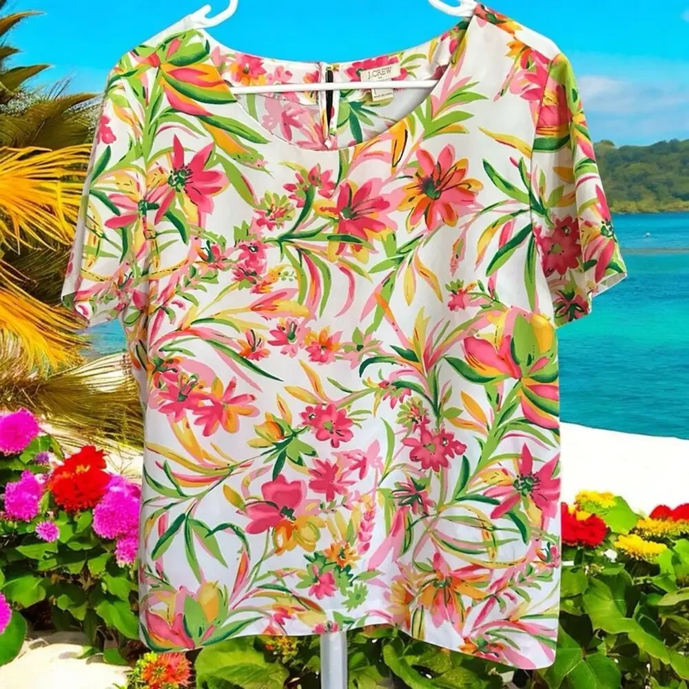 J.Crew Tropical Floral Blouse Pink Orange Green Print Size Large